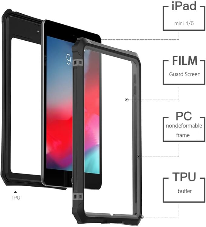Compatible with iPad mini 4/5 7.9-inch Waterproof Case A2133 A2124 A2126 IP68 Slim Shock-Dust-Snow-Proof Full-Body Sealed Underwater TPU PC Outdoor Transparent Cover with Kickstand Lanyard