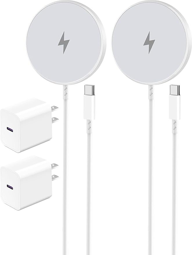 Magnetic Wireless Charger for Apple iPhone 17/16/15/14/13/12/11/AirPods 2-Pack Fast Charging Long Cable 10ft Magnet Pad &amp 2-Pack Type-c Charger Block White