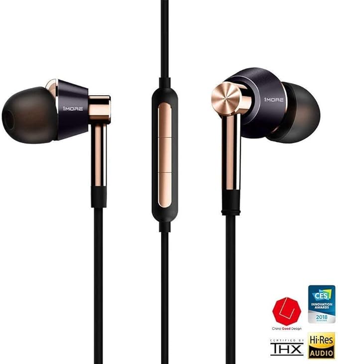 1MORE Triple Driver in-Ear Earphones Hi-Res Headphones with High Resolution Bass Driven Sound MEMS Mic in-Line Remote High Fidelity for Smartphones/PC/Tablet - Gold