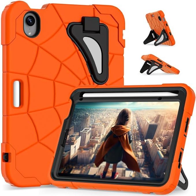 Kids Case for iPad mini 7 A17 Pro 2024/ Mini 6 8.3 inch Spider Case for iPad mini 7th 6th Generation Shockproof Durable Full Protective Cover with Pencil Holder Kickstand (Orange+Black)