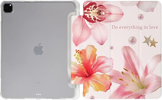 Pink Lilies and Hibiscus Flowers Case Compatible with IPad 9th 8th 7th Generation 10.9 Inch 2021/2019/2018Funny Cover with Trifold Stand + Pencil Holder for Boys GirlsiPad Air6 13inch 2024