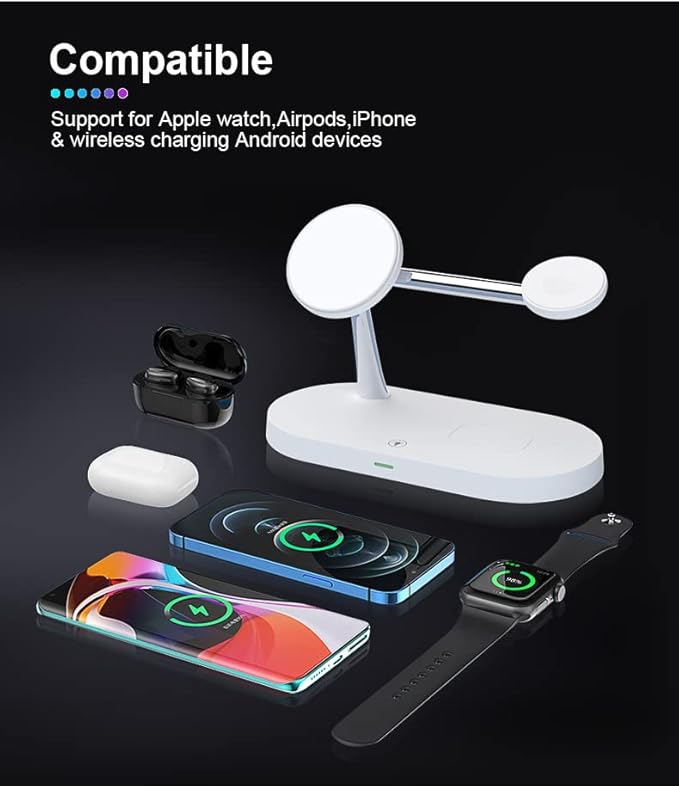 5 in 1 Magnetic Wireless Charging Stand 15W Fast Mag-Safe Charging Station with Neutral Light Design for iPhone 17/16/15/14/13/12 Series iWatch 7/SE/6/5/4/3/2 Airpods 3/2/Pro (White)