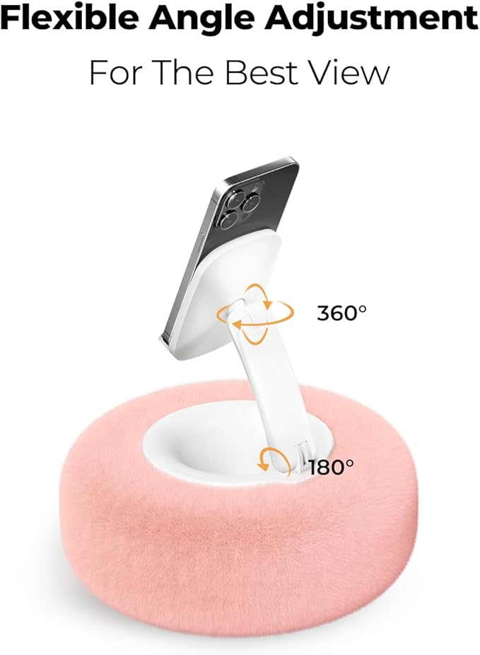 Phone Stand with Pillow Adjustable iPhone Stand with Anti-Slip Strips Fuzzy Tablet Holder– Compatible with 4-7 Devices Including iPhone iPad Kindle and Android (Pink)