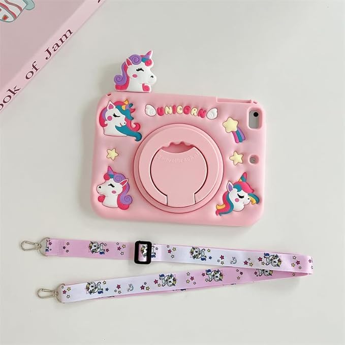 3D Cute Unicorn Case for iPad mini 7 (A17 Pro) 2024/Mini 6 2021 8.3 inchKawaii Cartoon Pretty Animal Soft Silicone Rotating Stand Case with Lanyard for Kids Teens Girls Women- Pink