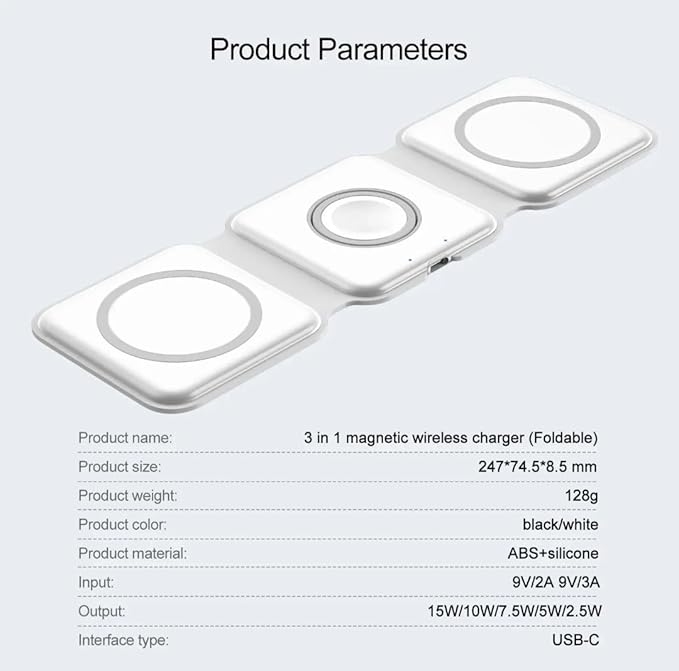 D-Choice 3-in-1 Magnetic Wireless Charger – Compatible with Smartphones Watches and Bluetooth Headphones – 15W Fast Charging Compact Design (White)