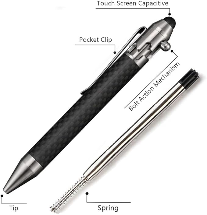 Cool Hand 4.9'' Carbon Fiber Bolt Action Pen with Retractable Stylus Tip for Any Touch Screen Ballpoint Ink Refillable Compact Size Skelton Out Deep Pocket Clip (Carbon Fiber Silver)