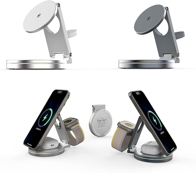 Metal Rotating Wireless Charging Stand for Phone Smartwatch Devices 3 in 1 Function Auto Dimming Lights Compact Foldable