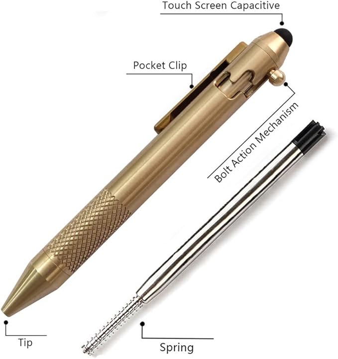 Cool Hand 4.9'' Brass Bolt Action Pen with Retractable Stylus Tip for Any Touch Screen Ballpoint Ink Refillable Compact Size Skelton Out Deep Pocket Clip (Brass)