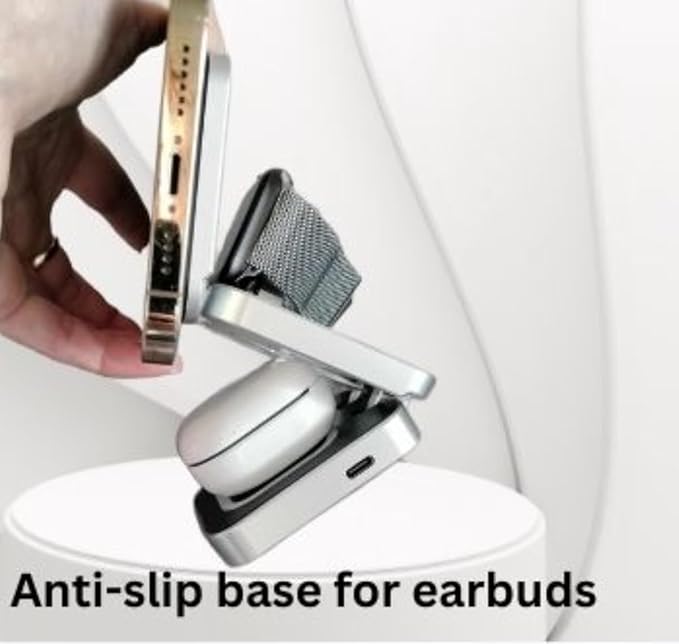 Wireless 3 in 1 Magnetic Charging Station Portable Foldable Fast Charge Travel | Black and Silver Mobile Phone Holder | with Extra Magnetic Ring | New Anti-Slip Earbud Base Charger
