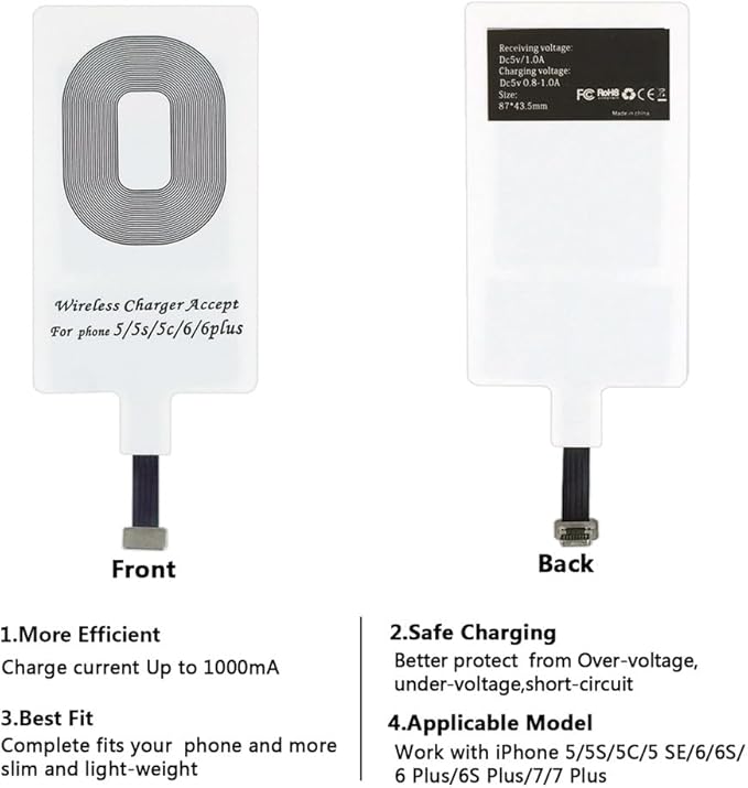 ANGELIOX Wireless Charger with Wireless Charging Receiver for Charging iPhone 7/7 Plus / 6/6 Plus / 6s / 5Se / 5s / 5c / 5 and All Qi-Enabled Phones (Qi Receiver Included)