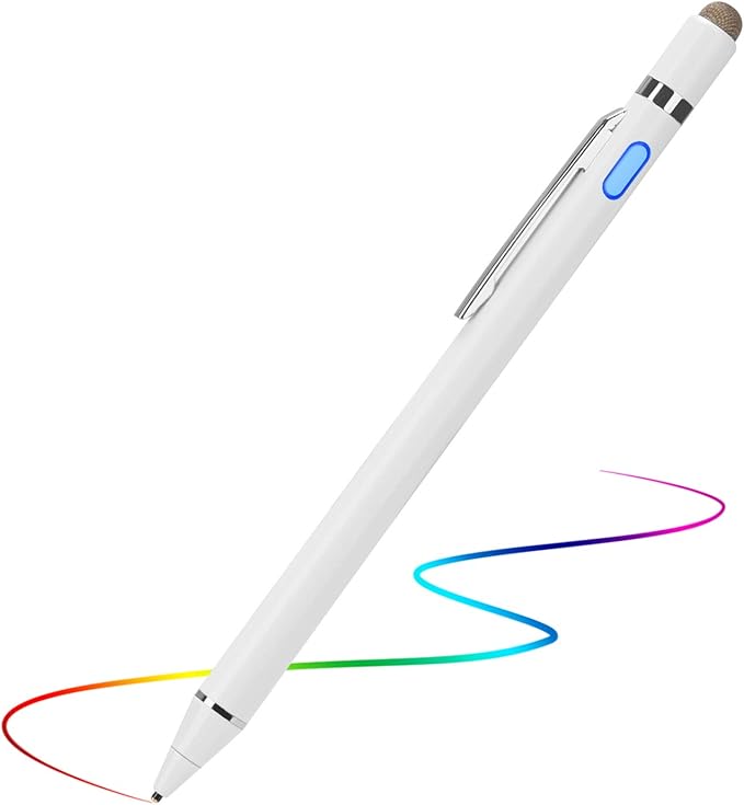 2-in-1 Active Stylus Digital Pen with 1.5mm Ultra Fine Tip for iPad iPhone Samsung Tablets Work on Touchscreen Phones and TabletsGood at Drawing and Writing White