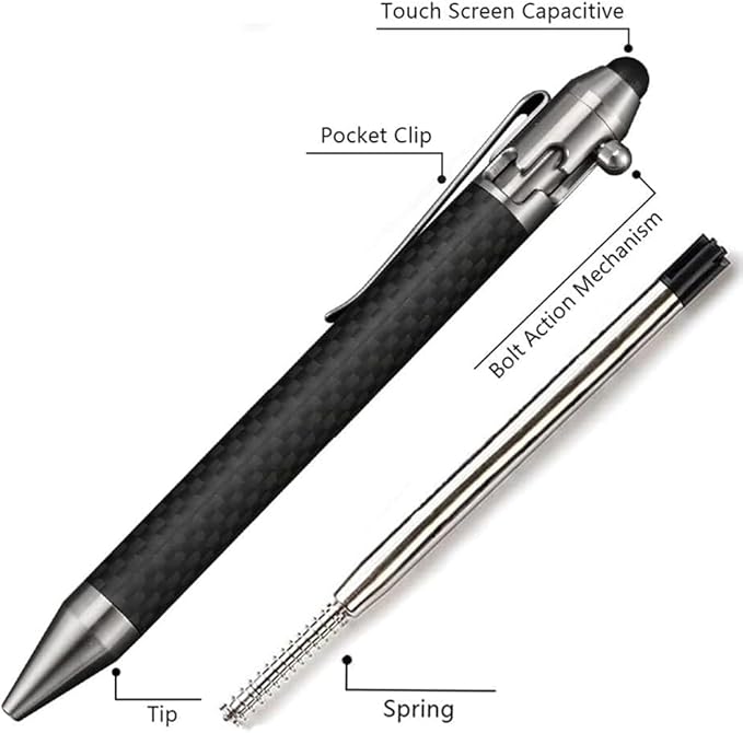 Cool Hand 4.5'' Carbon Fiber Bolt Action Pen with Retractable Stylus Tip for Any Touch Screen Compact Size Skelton Out Deep Pocket Clip (5.7''Carbon Fiber Silver)