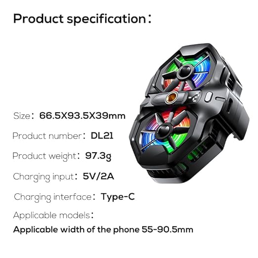 Mobile Phone Cooler with RGB Backlight and Temp Display Cellphone Cooling Fan with Dual Semi-Conductor Cooling Chip Compatible for iPhones/Android Phone Width from 6 to 8 cm