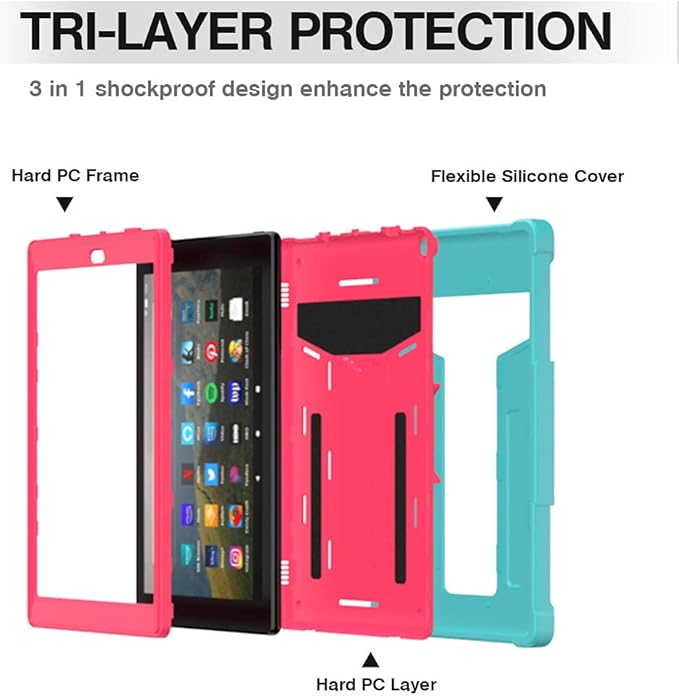 Shockproof Case for Fire HD 10 Tablet (7th/9th Generation 2017/2019 Version) Techcircle Multi-Angle Heavy Duty Bumper Defender Child Proof Rugged Case w/Kickstand Silicone Hybrid Cover Green+Rose