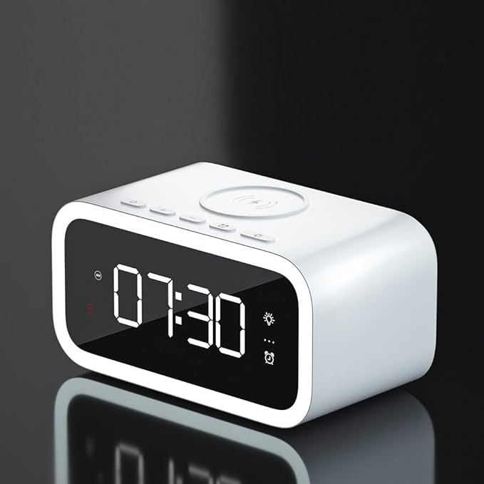 IHAO 5in1 Multi-Functional Alarm Clock with Wireless Charging 15W Fast Charger for Phone &amp Earbuds 3 Group Alarms Dimmable Night Light USB Port Digital Clock Adjustable Light Mini Mirror QXF-80