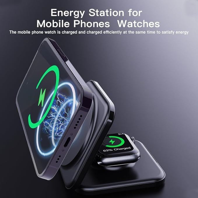 Meenova Foldable 3 in 1 Wireless Charger Compatible with MagSafe Apple iPhone 15 14 13 12 Watch AirPods Lightweight PortableStrong Magnetic Attraction Suitable for Outdoor Offices etc. (Black)