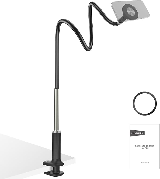NEEWER Basics Magnetic Phone Stand for Desk 360° Overhead Table Cellphone Holder Clamp Mount with Flexible Arm Compatible with MagSafe iPhone Android Samsung for Bed Video Recording PA151 Black