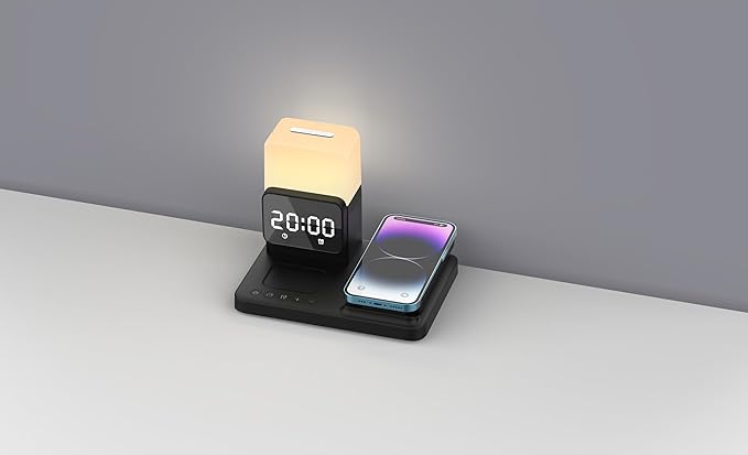 M.A.D LAB Bedside Apple Charging Station &amp Alarm Clock with Night Lamp – Wireless Charger Designed for AirPods AirPods Pro 2 &amp Apple Watch and Qi-Compatible for iPhone and Android Phone Charg