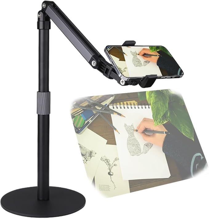 Heavy Duty Overhead Phone Stand for Desk Video Recording for iPhone Holder with Extension Arm 360° Swivel for Filming Meeting Cooking Painting and Crafting