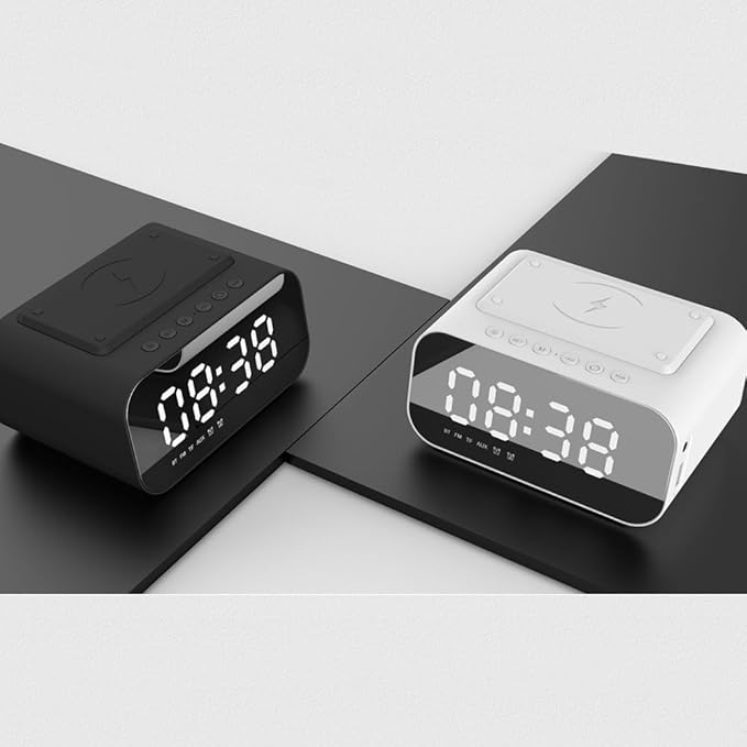 IHAO 7in1 Multifunctional Digital Alarm Clock with 15W Fast Wireless Charger Bluetooth Speaker LED Display Clock FM Radio TF Card AUX Input USB Port Dual Alarm for Bedroom and Office-BT510 White