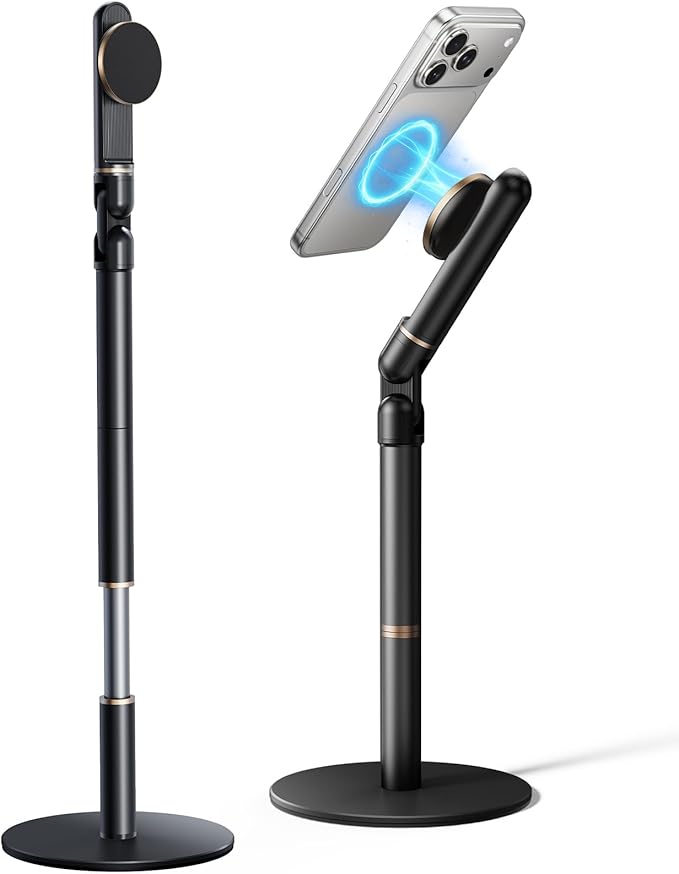 Height/Angle Adjustable Magnetic Phone Holder 10-25 Retractable Desk Phone Stand for Desk720°Rotatable+180° flip 360 Magnetic Phone Holder for Video Calls Kitchen Office Etc