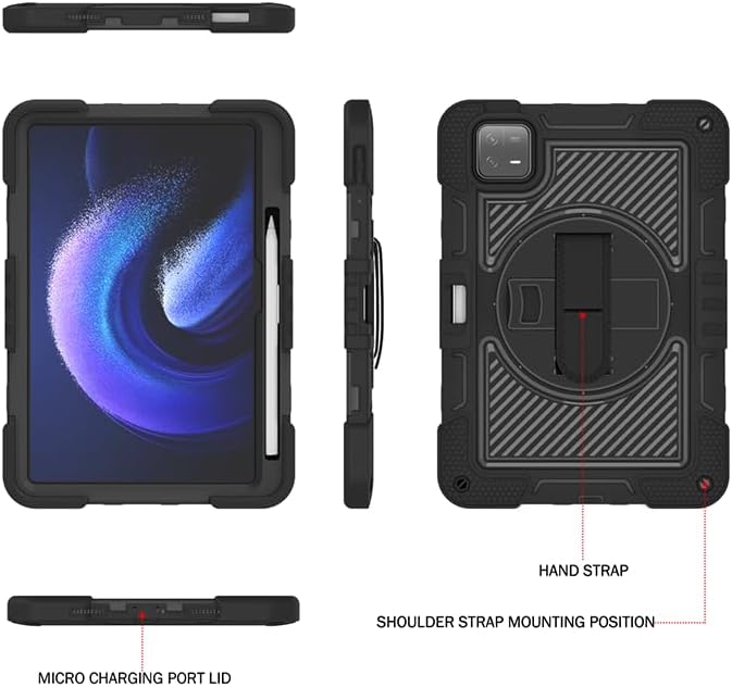 Tablet Case for Xiaomi Pad 6 Pro/Xiaomi Pad 6 23043RP34C 23043RP34G 11.0 inch Tablet Shockproof Cover with 360° Rotating Stand and Wrist Strap Shoulder Strap Completely Black