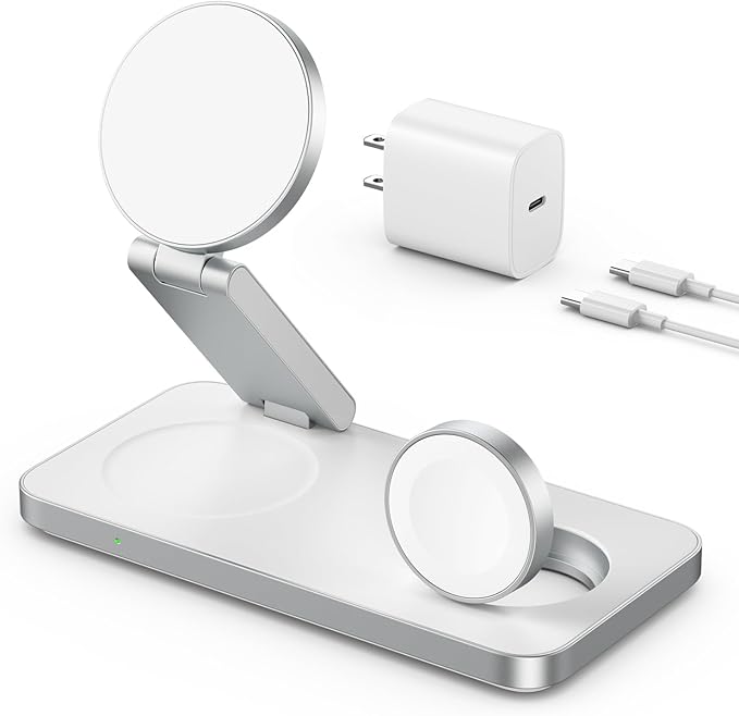VBA 3 in 1 Wireless Charging Station for Apple MagSafe ChargerFoldable Fast Charging Magnetic Wireless Charger StandTravel Charger for iPhone 17 Air 16 15 14 13 12Apple WatchAirPods Pro(White)