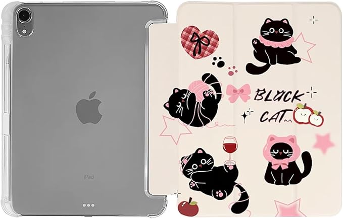 Cute Black Cats Pink Plaid Bows Case Compatible with iPad 9th 8th 7th Generation 10.9 Inch 2021/2019/2018Funny Cover with Trifold Stand + Pencil Holder for Boys GirlsiPad 10.9in 2022