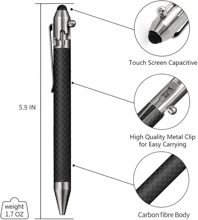 Cool Hand 4.5'' Carbon Fiber Bolt Action Pen with Retractable Stylus Tip for Any Touch Screen Compact Size Skelton Out Deep Pocket Clip (5.7''Carbon Fiber Silver)