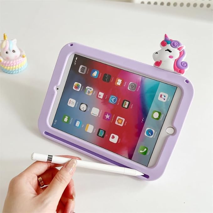 3D Cute Unicorn Case for iPad mini 7 (A17 Pro) 2024/Mini 6 2021 8.3 inchKawaii Cartoon Pretty Animal Soft Silicone Rotating Stand Case with Lanyard for Kids Teens Girls Women- Purple