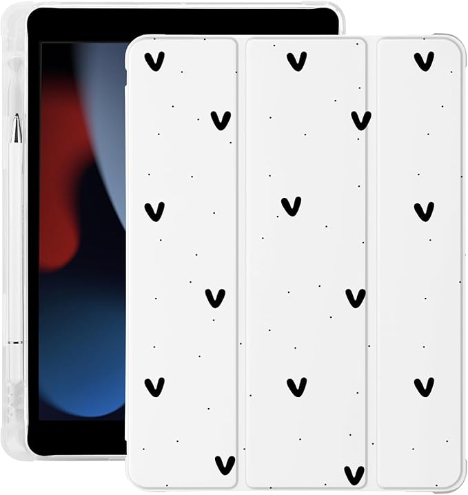 Cute Black Love Heart for iPad Air5/Air4 Case with Pencil Holder Auto Sleep/Wake White Leather Soft TPU Back Cover for iPad 10.9 Inch 2022/2020