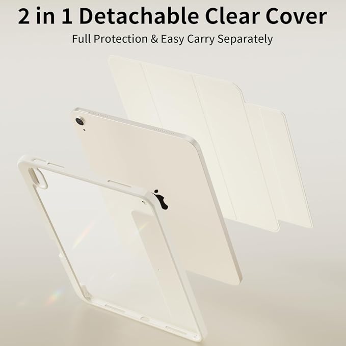 Case for iPad Air 11 Inch M4/M3/M2 2026/2025/2024 iPad Air 5th/4th Gen 10.9 Inch Case 2022/2020 with Pencil Holder Magnetic Detachable of Clear Back Cover Slim &amp Tri-Fold Cover Cream White