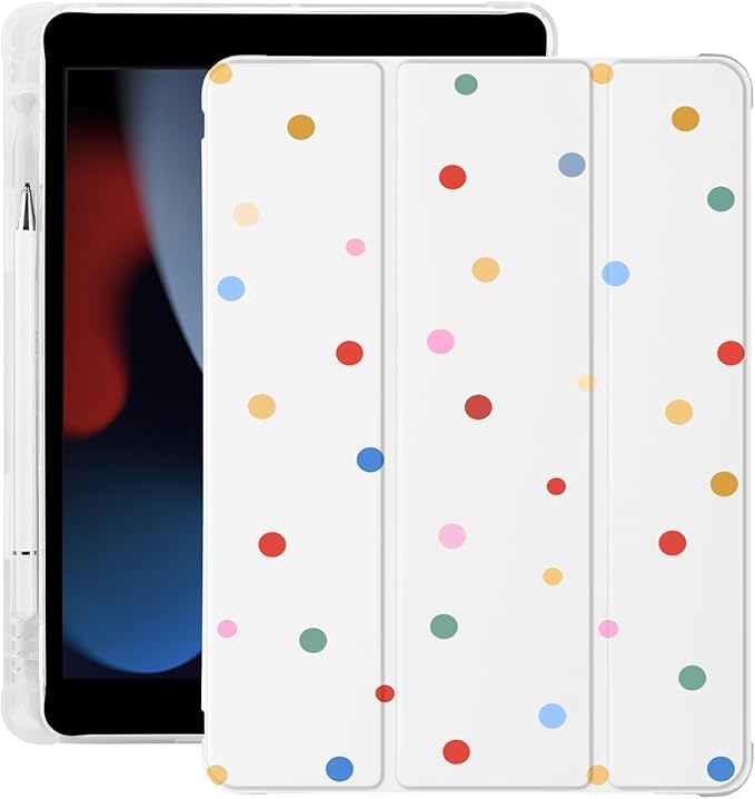 Cute Colorful Polka Dot for iPad Air 3 Case with Pencil Holder Auto Sleep/Wake White Leather Soft TPU Back Cover for iPad Pro 10.5 Inch 2017