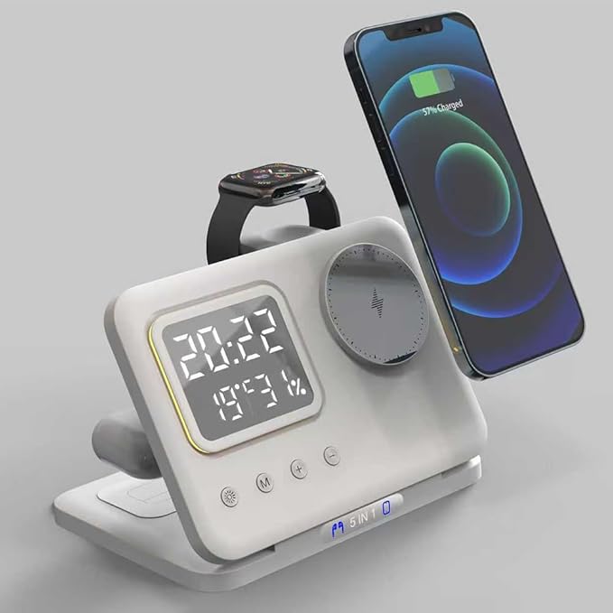 IHAO 5in1 Multi Functional Wireless Charger with Digital Clock 15W Fast Charge Night Light Temperature Display MagSafe Compliant for iPhone iWatch and Qi Headphone-DH13 White
