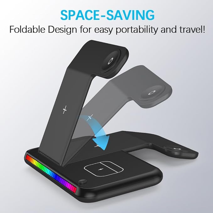 IHAO 3in1 Multifunctional Foldable Wireless Charging Station with LED Ambient Night Light Fast QC3.0 Charger for Phone iWatch Headphone Space-Saving Auto-Shutoff &amp Overcharge Protection-Black