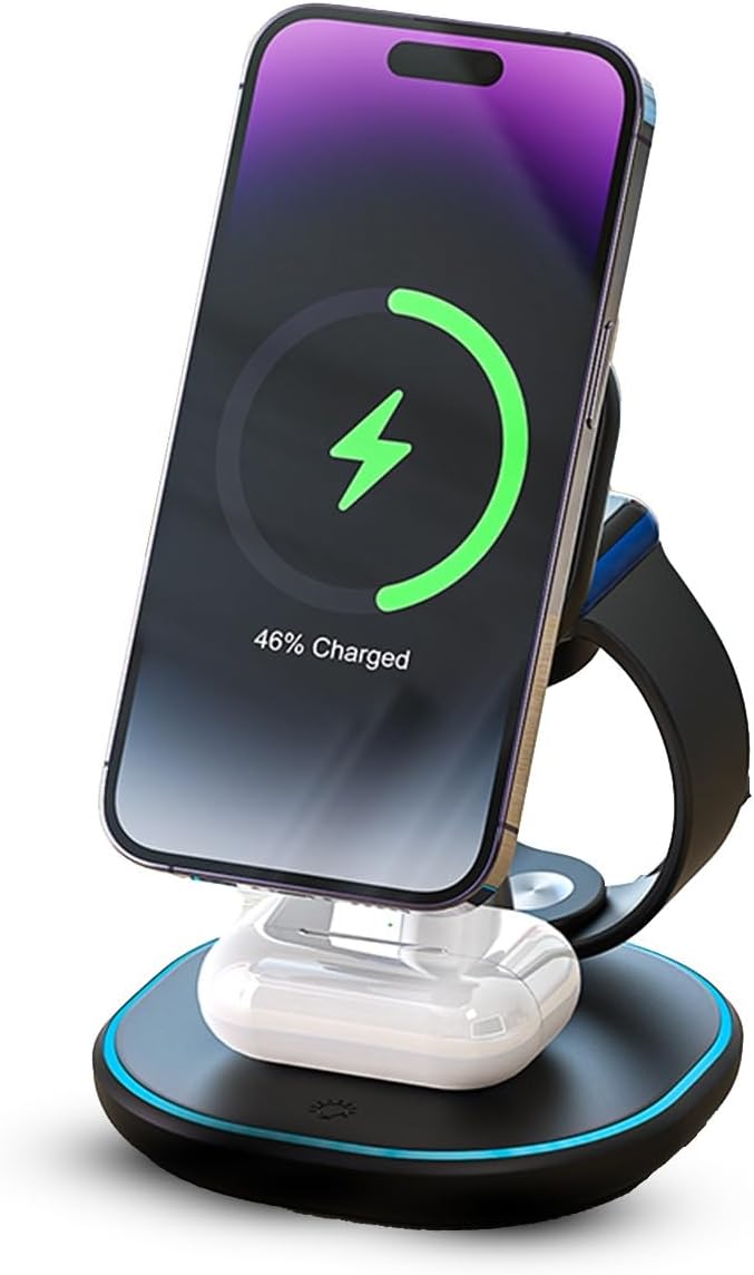 M.A.D Lab Z27 15W MagSafe Compatible 3 in 1 Qi2 Wireless Charging Station Magnetic Charger for iPhone 16/15/14/13/12 AirPods Apple Watch and Android Phones Bedside Dock with LED (No Adapter)