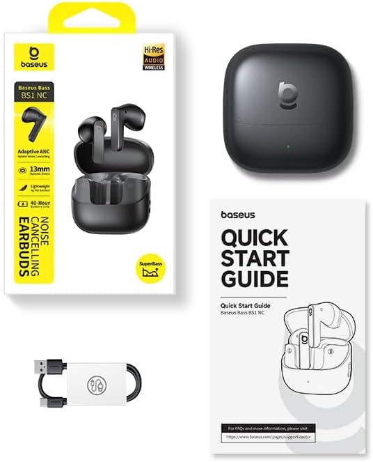 Baseus BS1 NC Semi-in-Ear Noise Cancelling Earbuds with Adaptive Hybrid ANC No Ear Pressure Hi-Res Audio (LDAC) 40H Playtime 4g Ultra-Lightweight Fit 6-Mic AI Clear Call