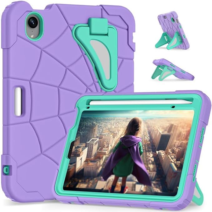 Compatible with Apple iPad mini 6 2021/iPad mini 7 2024 Tablet CaseLightweight Shockproof Rugged Protective Cover with Kickstand for Kids Children Boys Babies Purple Mint Green