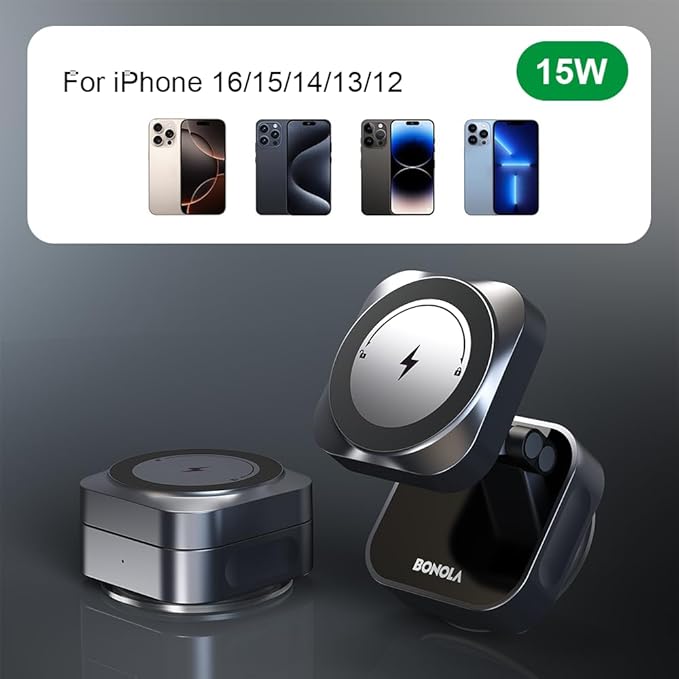 15W Vacuum Wireless Charger Holder Suction Cup Car Charger Stand for iPhone 17 16 15 14 13 12&amp Android Foldable Magnetic Phone Mount Use in Mirror/Dashboard/Windshield