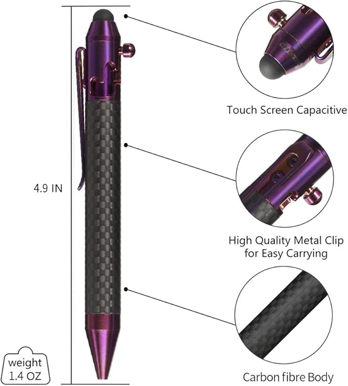 Cool Hand 4.9'' Carbon Fiber Bolt Action Pen with Retractable Stylus Tip for Any Touch Screen Ballpoint Ink Refillable Compact Size Skelton Out Deep Pocket Clip (Carbon Fiber Purple)