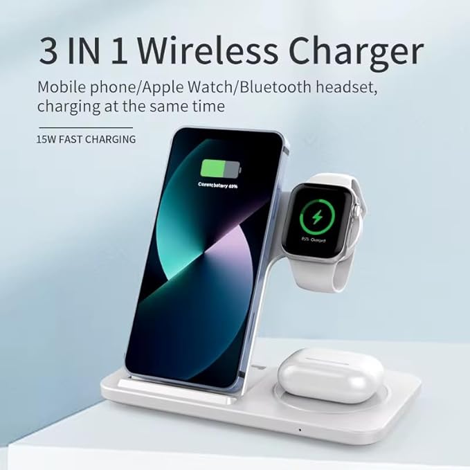 3 in 1 Foldable Wireless Charging Stand for iPhone – Fast Charge Adjustable Angle Compatible with iPhone &amp Android - Travel Ready (White)