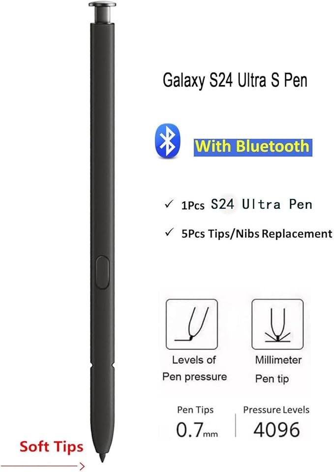 S24 Ultra Stylus Pen (WithBluetooth) Replacement for Samsung Galaxy S24 Ultra 5G All Versions Touch Pen +Tips/Nibs. (Titanium Black/S24 Ultra)