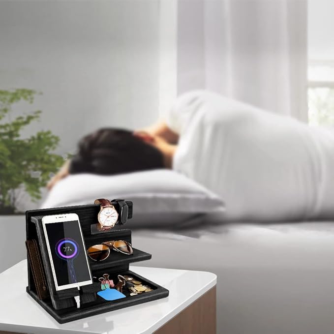 Gifts for Men Bedside Organiser Wood Phone Docking Station Dad Birthday Gifts for Him Nightstand Key Wallet Watch Stand Mens Gifts for Xmas Presents for Dad Husband Boyfriend Anniversary &amp Christm