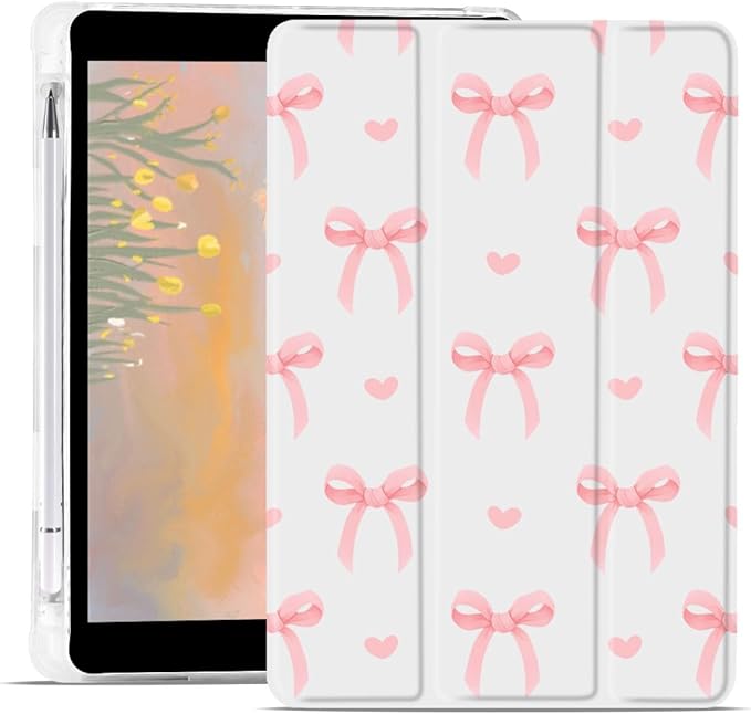 Cute Bowknot Case for iPad Pro 6th/5th/4th/3rd Gen (2022/2021/2020/2018) 12.9 Inch Kawaii Bow Aesthetic Design Trifold White Leather Protective Cover Soft TPU Back - Bow/Pink