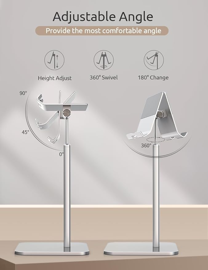 Tablet Stand Height Angle Adjustable Eye-Level Desktop iPad Stands Tablet Holder for Home Office Cradle Dock for iPad Pro 12.9 Air Mini 4 Kindle E-Reader Nexus iPhone (4-13'') Silver