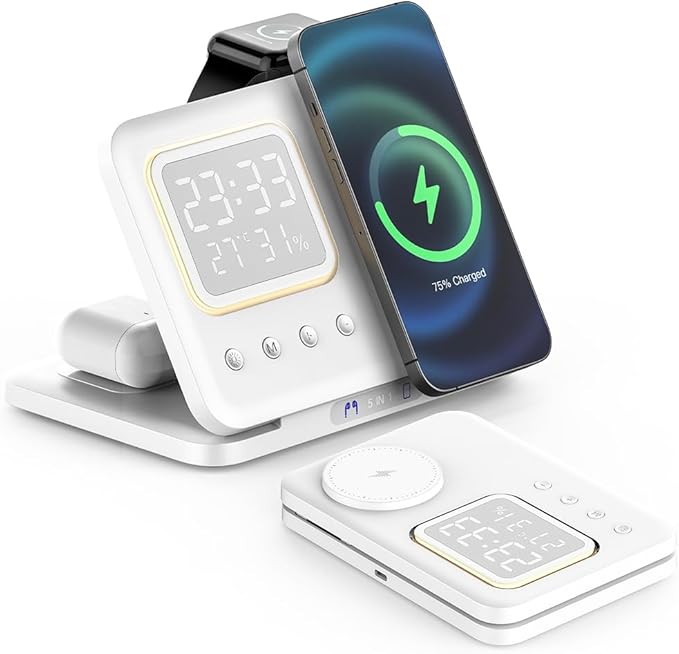 IHAO 5in1 Multi Functional Wireless Charger with Digital Clock 15W Fast Charge Night Light Temperature Display MagSafe Compliant for iPhone iWatch and Qi Headphone-DH13 White