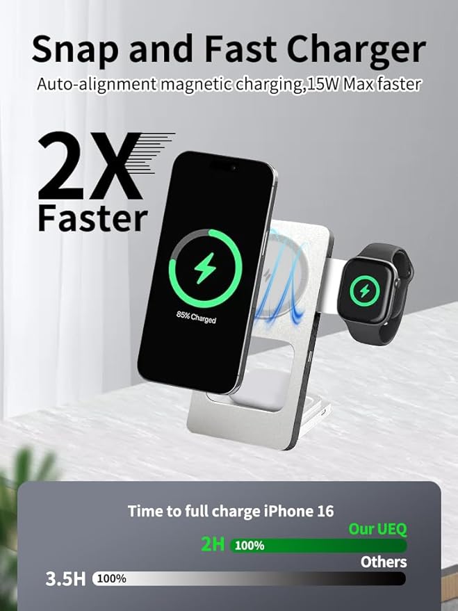 3 in 1 Wireless Charging Station for iPhone 17 16 15 14 13 12 Apple Watch 10 9 8 7 6 5 4 3 2 SE Ultra AirPods 4 3 2 Pro 15W Fast Charger Stand (Silver)