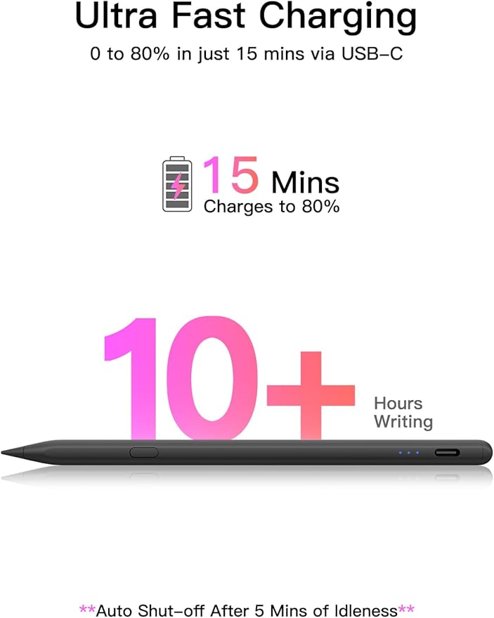 Stylus Pen for ipad 2018-2026 USB-C Fast Charging Pencil Pixel-Perfect Tilt Sensitivity for iPad 11/10/9/8/7/6/A16 iPad mini 7/6/5 iPad Air M4/3/2 11/13/5/4/3 iPad Pro M5/4 13/12.9″/11″ Black