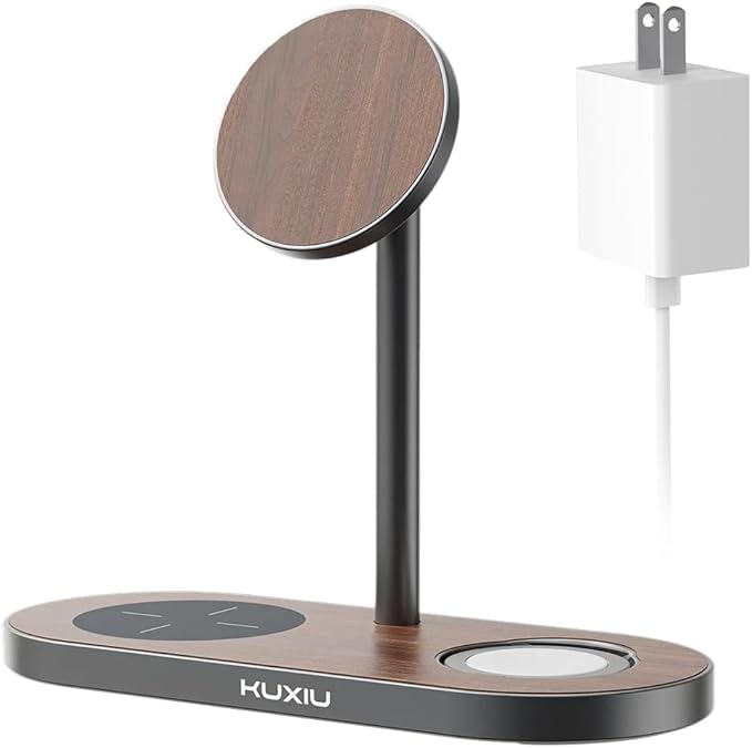 KU XIU X23 PRO Magnetic Wireless Charging Stand 3-in-1 Charging Station for iPhone 17/16/15/14/13/12 &amp iPhone Air 5W for Apple Watch S11–4/SE/Ultra 3/2/1 AirPods 4/3/2/Pro – Wood Grain