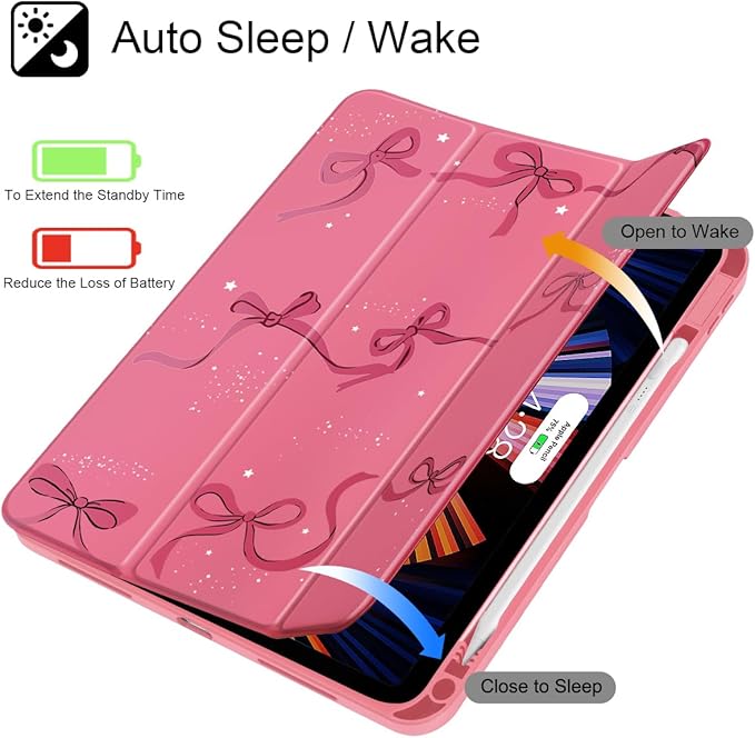 May Chen for iPad Air 11-inch M4/M3/M2 (2026/2025/2024) iPad Air 5th/4th 10.9 Inch - Shockproof Cover with Clear Back Shell &amp Penceil Holder Auto Wake/Sleep Stand Cover Watermelon red Bow